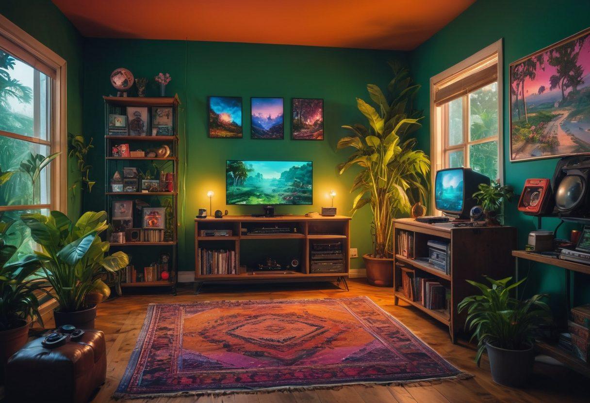 A serene gaming setup featuring a retro gaming emulator surrounded by lush greenery and soft, ambient lighting. The scene includes a person with a joyful expression, holding a vintage game controller, immersed in gameplay, while gaming posters and memorabilia decorate the walls. Floating visual elements like retro game sprites and pixelated hearts enhance the ambience. surreal blend of nature and technology. vibrant colors. cyberpunk style.