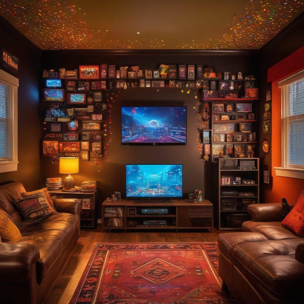 A vibrant, immersive gaming scene showcasing various video game emulators on multiple screens, each displaying colorful, nostalgic graphics from classic games. Include joyful gamers of diverse backgrounds playing together, surrounded by playful elements like confetti and glowing pixels symbolizing happiness. The environment should reflect a cozy gaming room filled with retro gaming memorabilia. super-realistic. vibrant colors. cozy atmosphere.
