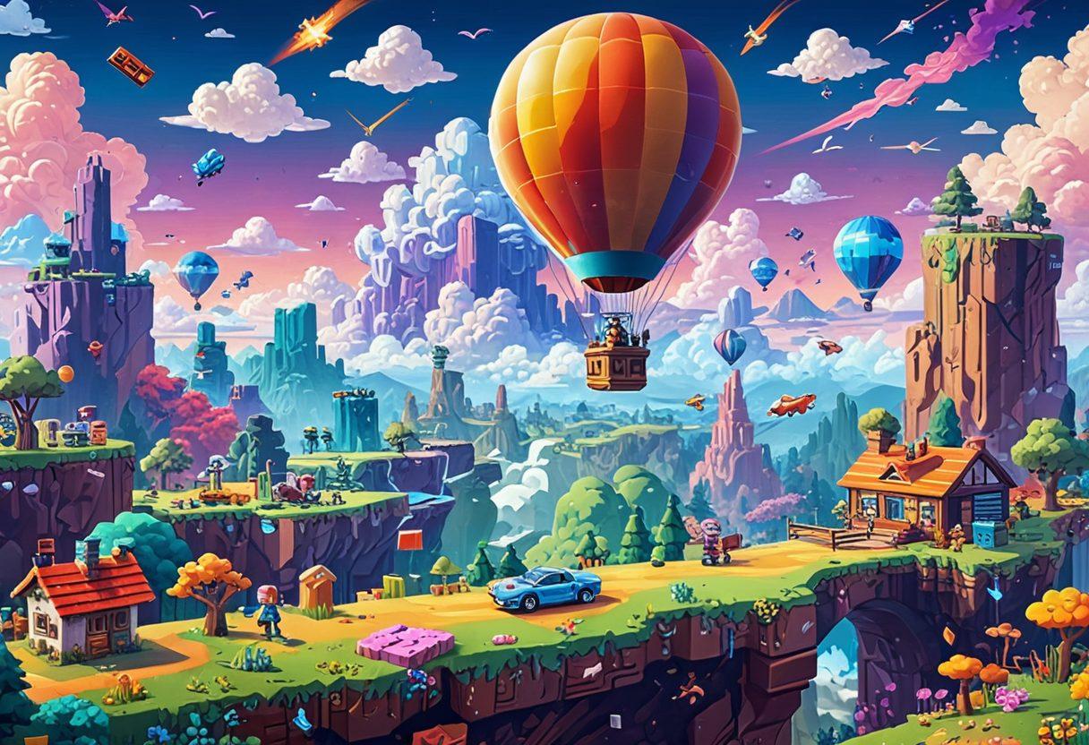 A vibrant scene featuring a retro gaming console surrounded by nostalgic game cartridges and pixelated characters jumping joyfully. The background includes a dreamy landscape blending elements from classic games with a modern twist, evoking feelings of bliss and nostalgia. Bright colors and whimsical details create an inviting atmosphere. super-realistic. vibrant colors.